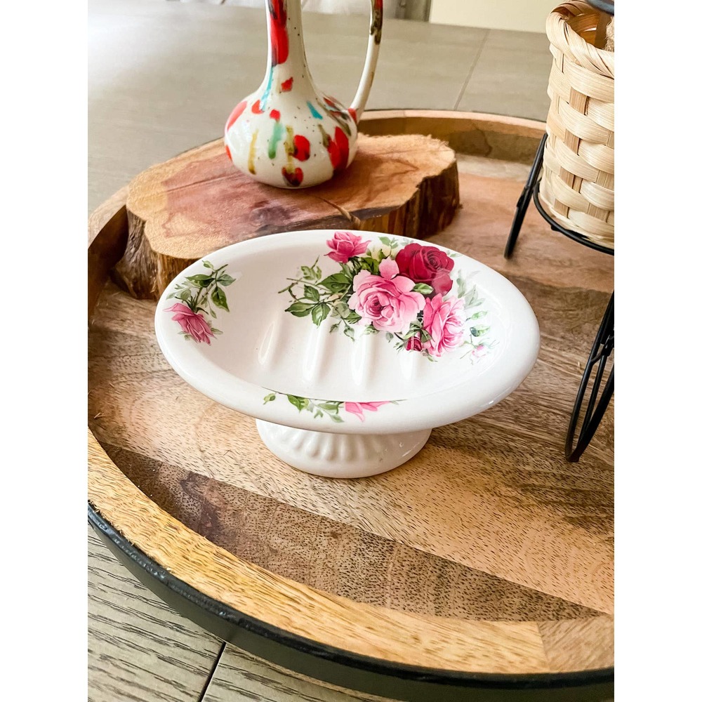 Vintage Crown Heritage Pink Floral Porcelain Ceramic Pedestal Soap Dish